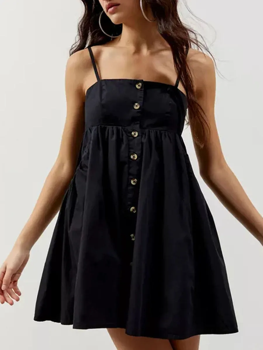 Babydoll Mini Dress Solid Color Sleeveless Spaghetti Strap Button Front A-Line Pockets Black Elegant Women's Dress