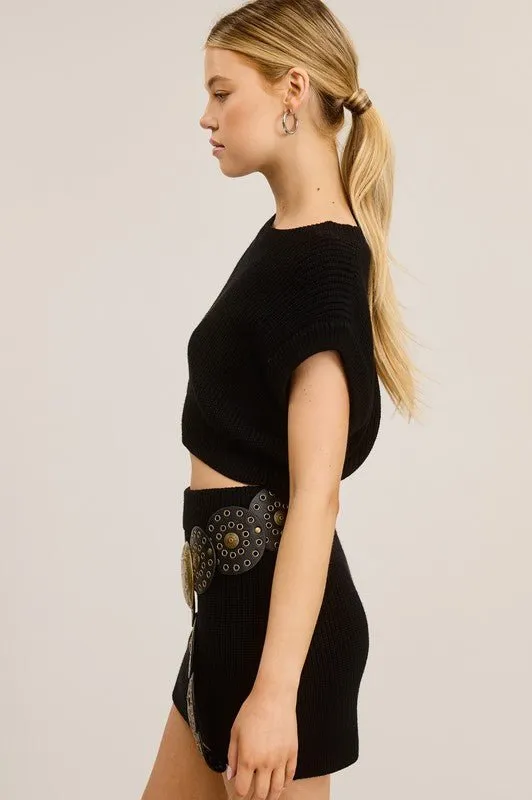 Black Ribbed Knit Vest Mini Skirt Set