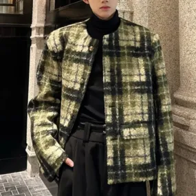 Chicmy-Men's Tweed Plaid Blazers Cardigan Autumn Winter Trend Collarless Short Jacket Fashion Green Korean Style Chic Elgance Coat