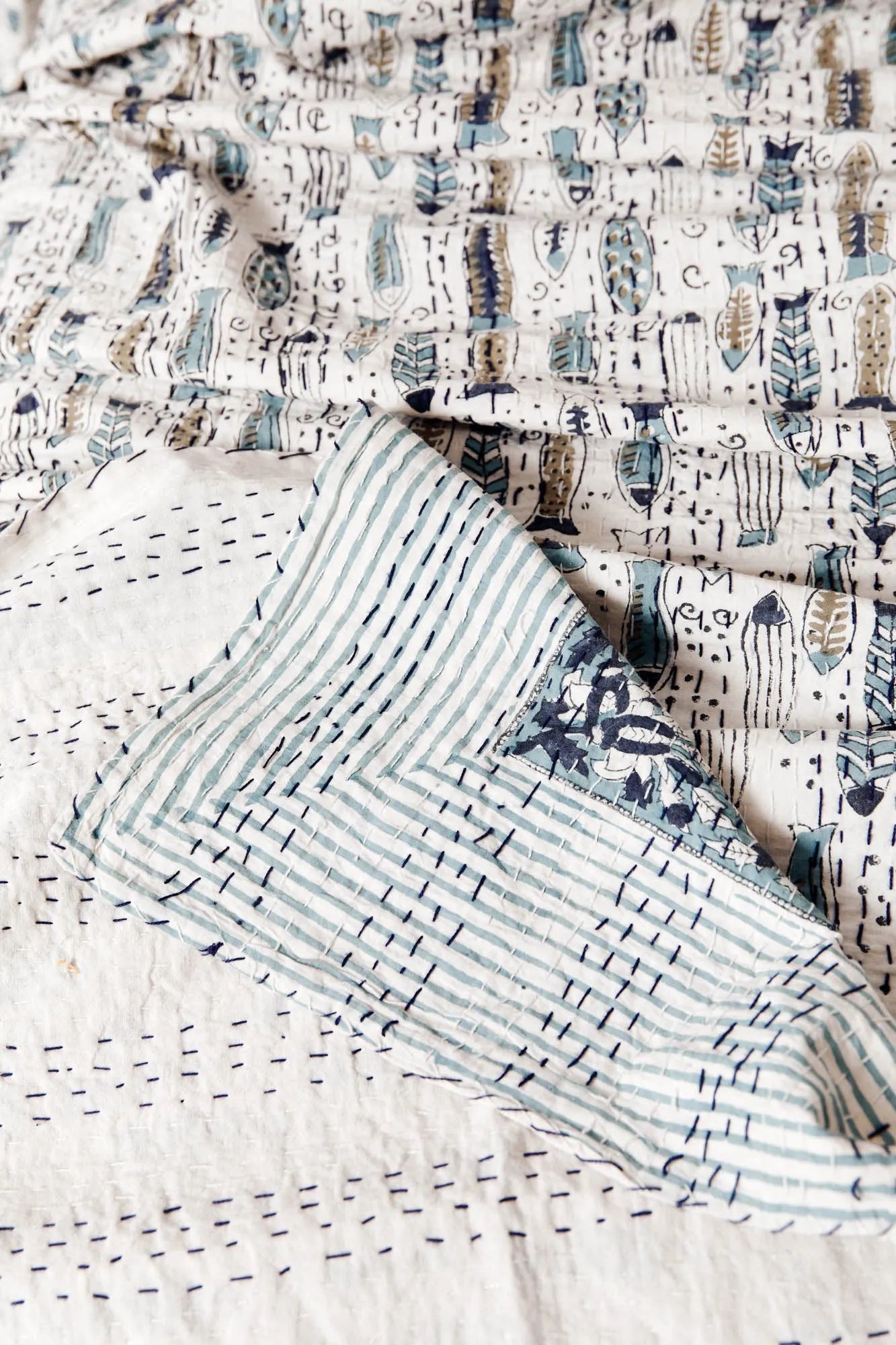 Kantha Quilt Dusk Blue Fish
