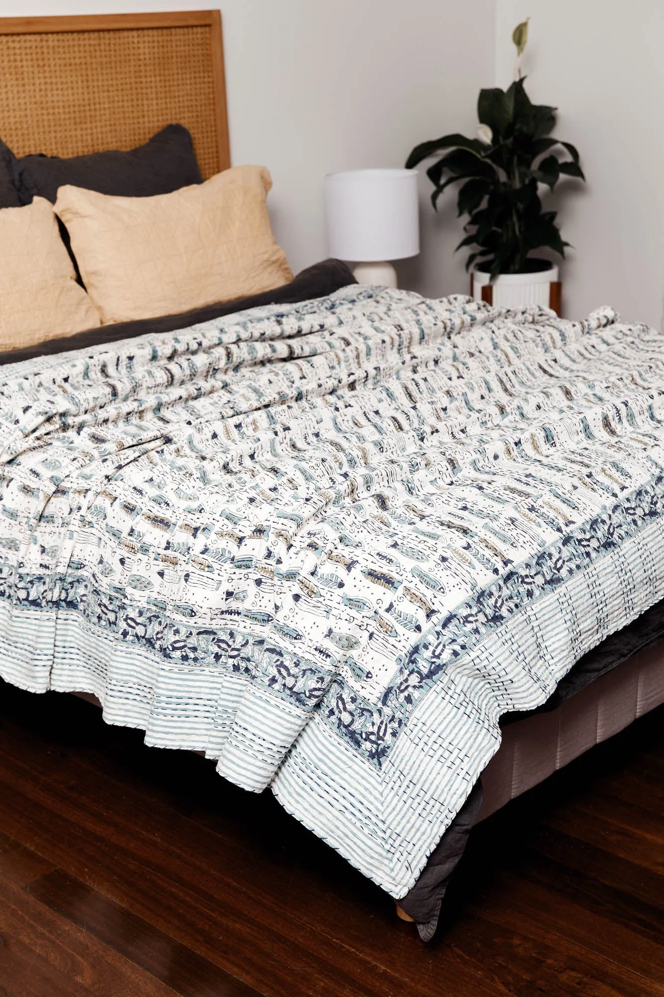 Kantha Quilt Dusk Blue Fish