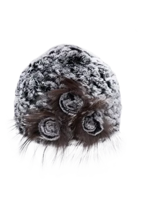 Knitted Rex Rabbit Fur Hat-Flower Detail