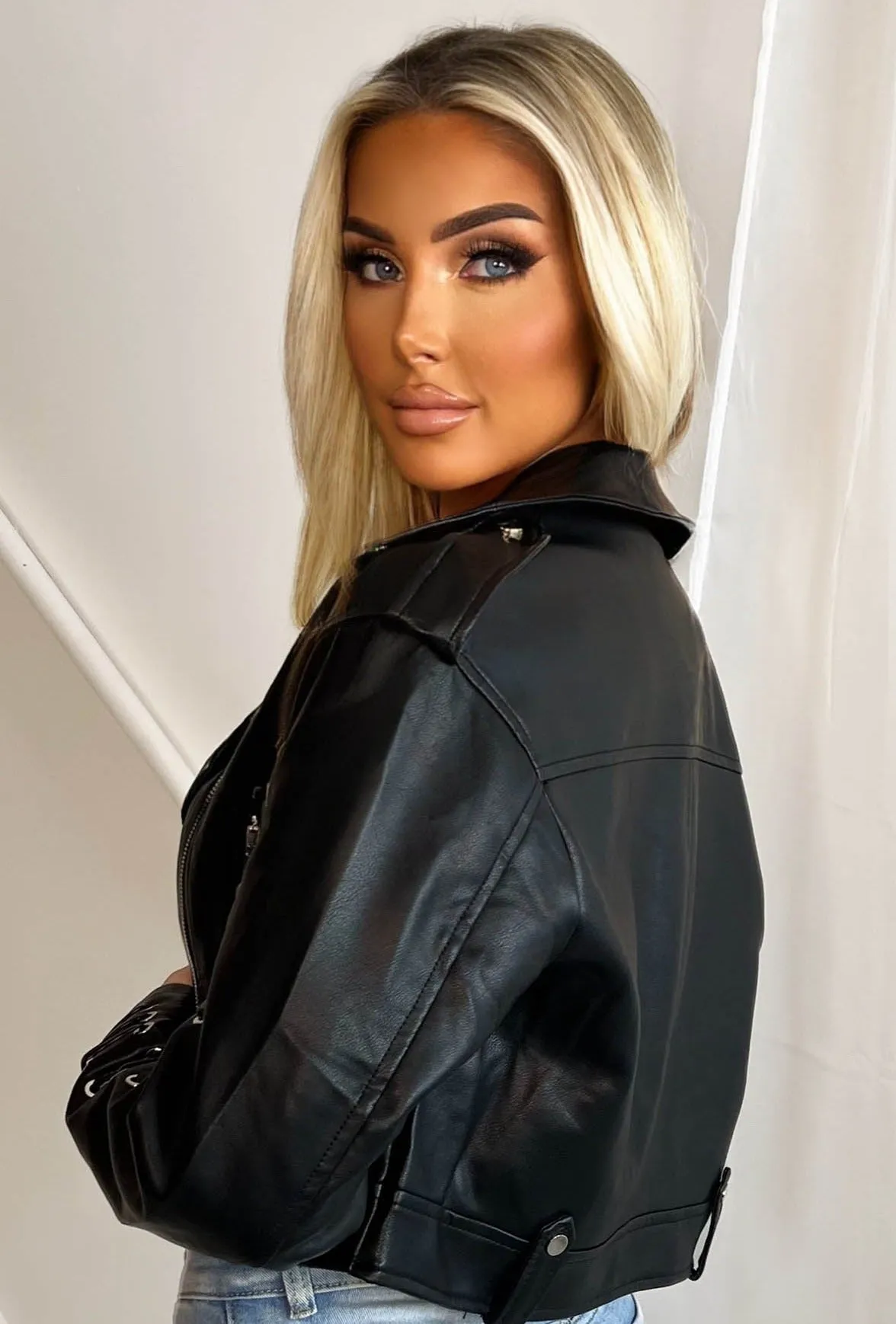 Laced Delight Black Faux Leather Lace Up Biker Jacket