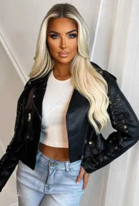 Laced Delight Black Faux Leather Lace Up Biker Jacket