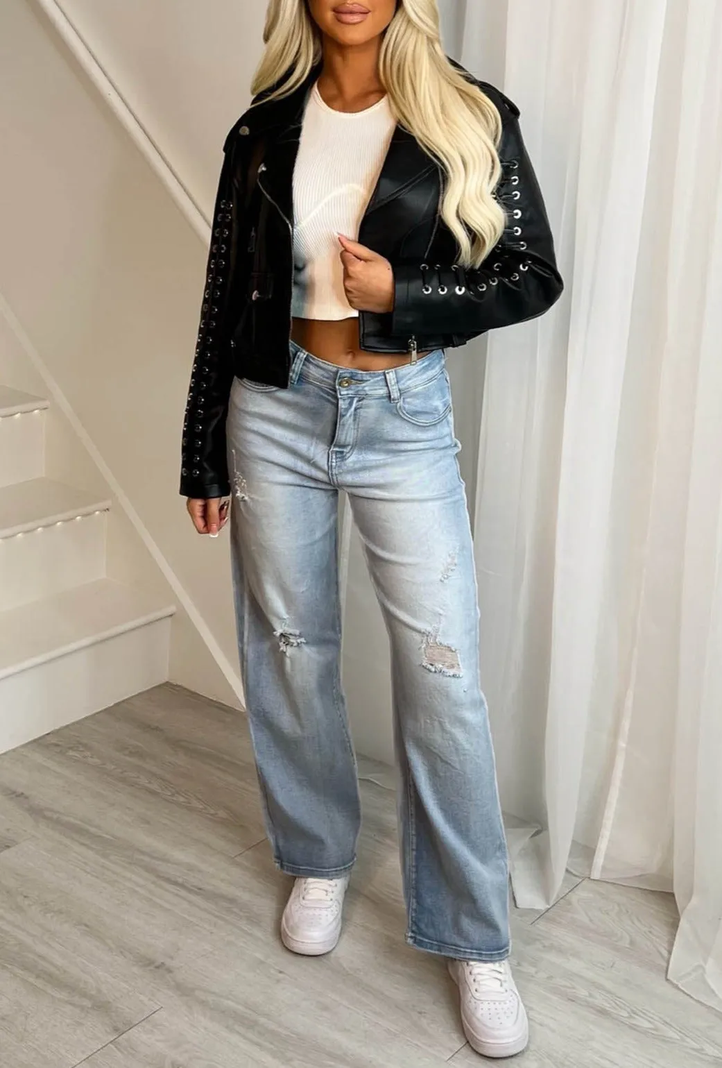 Laced Delight Black Faux Leather Lace Up Biker Jacket