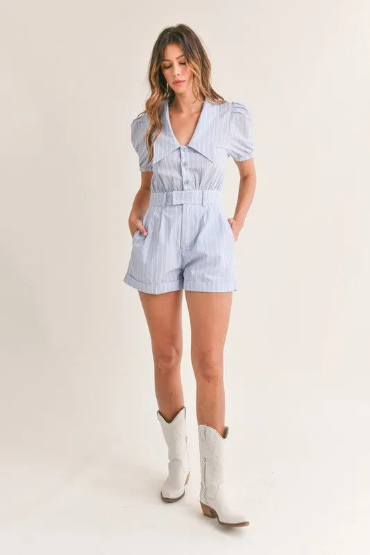 Lt Blue Striped Puff Sleeve Collared Button Down Romper