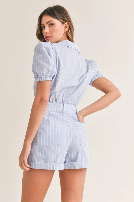 Lt Blue Striped Puff Sleeve Collared Button Down Romper