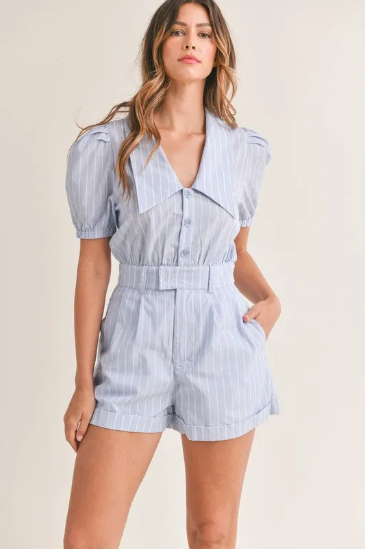 Lt Blue Striped Puff Sleeve Collared Button Down Romper