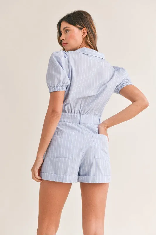 Lt Blue Striped Puff Sleeve Collared Button Down Romper