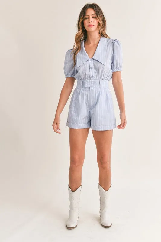 Lt Blue Striped Puff Sleeve Collared Button Down Romper