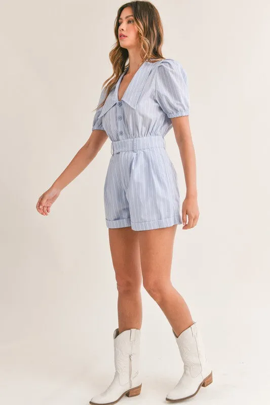 Lt Blue Striped Puff Sleeve Collared Button Down Romper