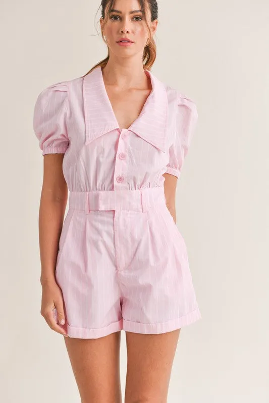 Lt Pink Striped Puff Sleeve Collared Button Down Romper