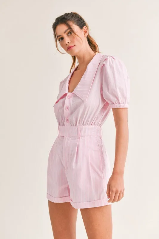 Lt Pink Striped Puff Sleeve Collared Button Down Romper