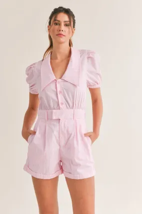 Lt Pink Striped Puff Sleeve Collared Button Down Romper