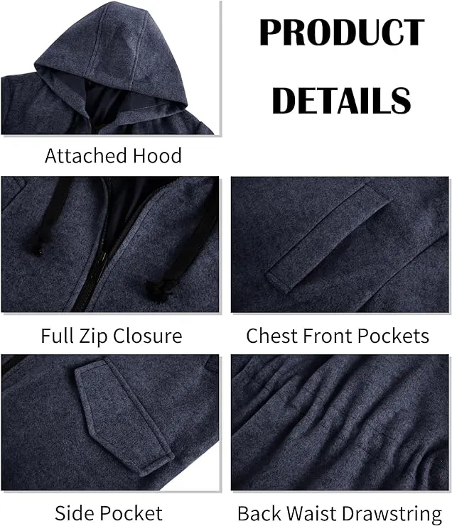 Men's Navy Blue Hooded Long Sleeve Drawstring Jacket