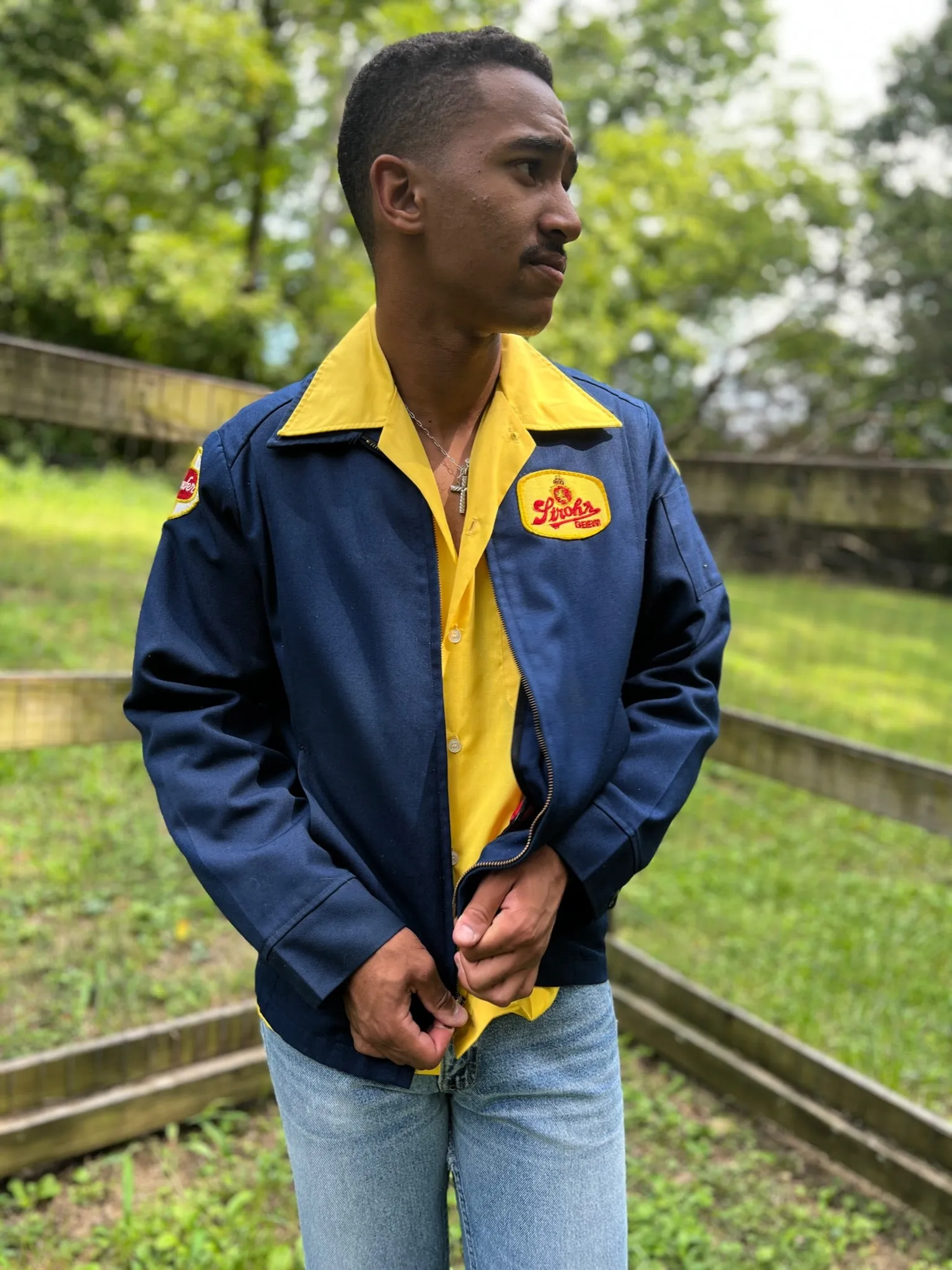 Men's Vintage Blue Work Uniform Jacket, Stroh's Beer