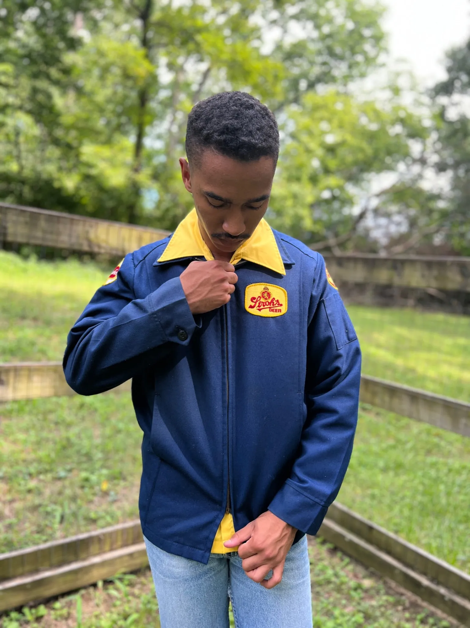 Men's Vintage Blue Work Uniform Jacket, Stroh's Beer
