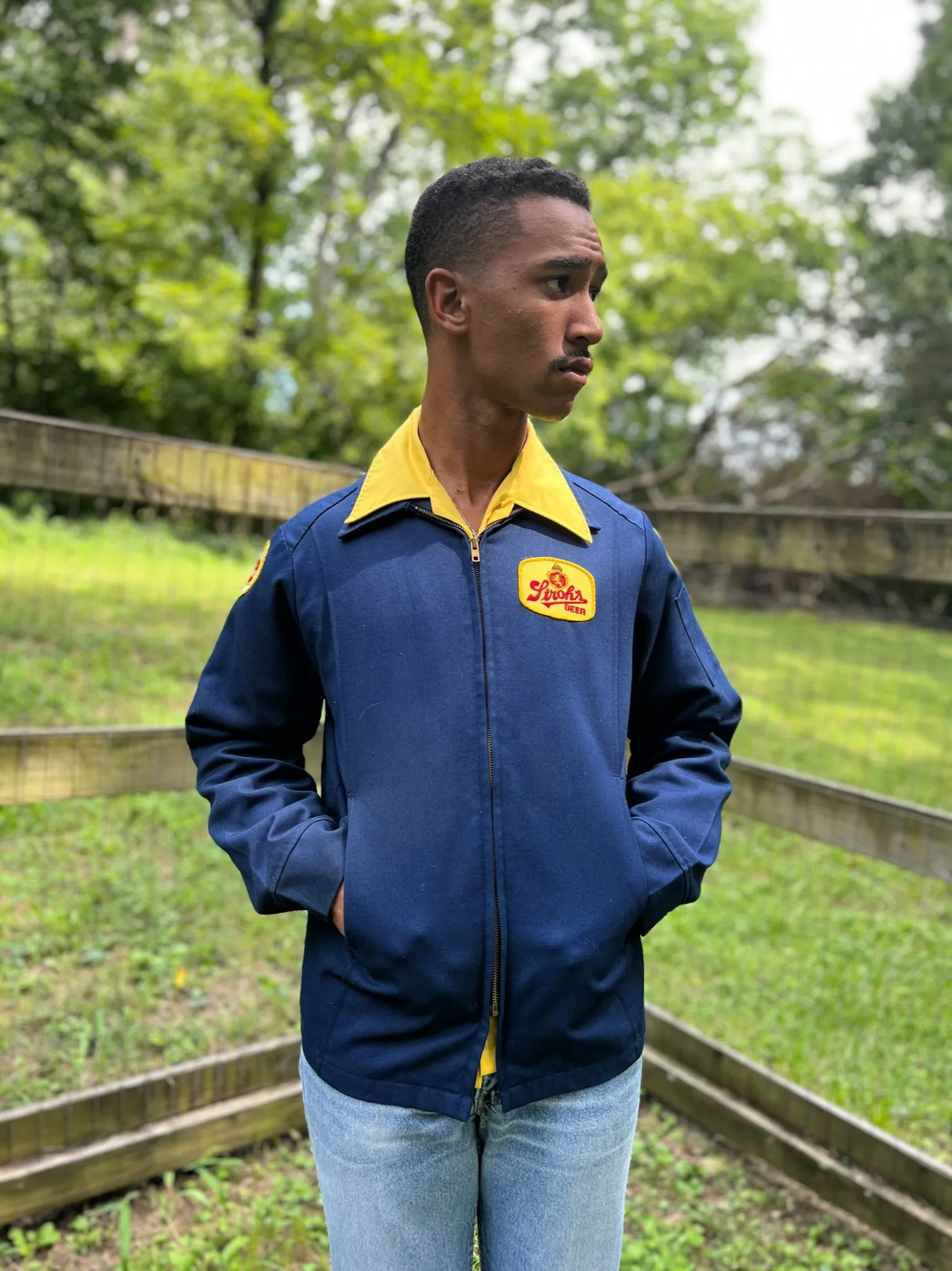 Men's Vintage Blue Work Uniform Jacket, Stroh's Beer
