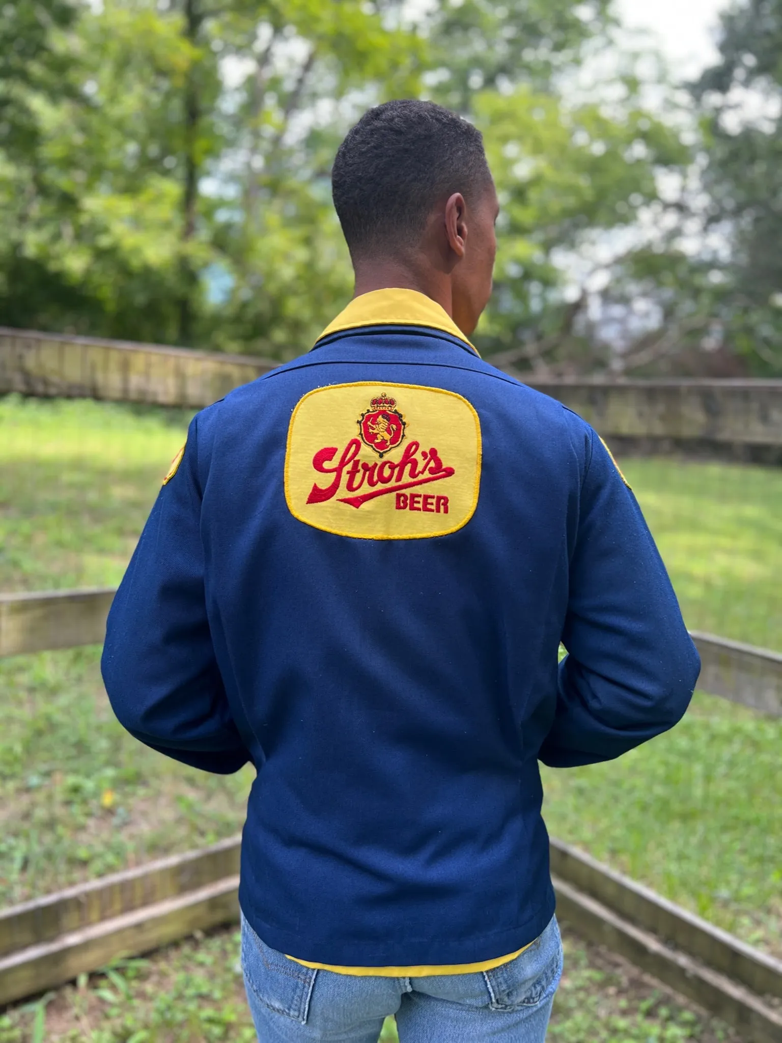 Men's Vintage Blue Work Uniform Jacket, Stroh's Beer