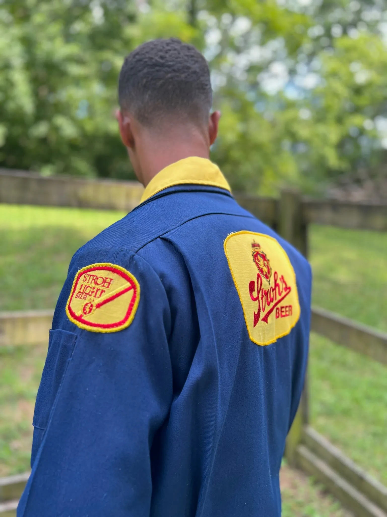 Men's Vintage Blue Work Uniform Jacket, Stroh's Beer