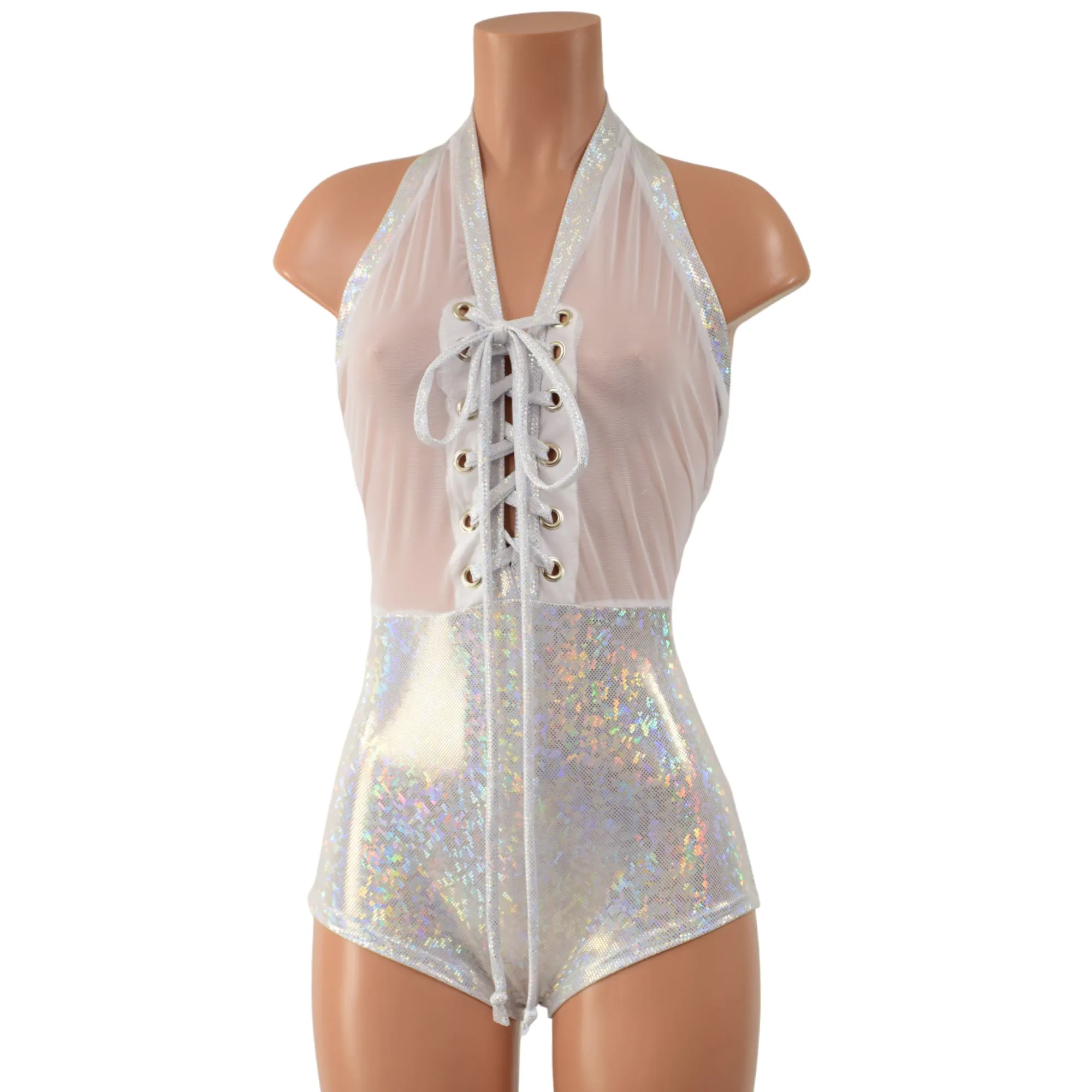 Mesh & Metallic Sheer Bella Romper with Siren Cut Leg