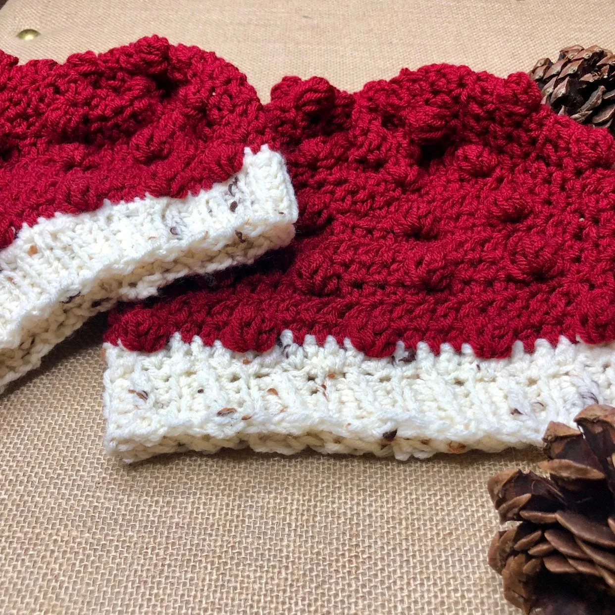 Mommy and Me Hand Knit Crochet  Set Christmas Red and Ivory Winter Hat | Slouchy Hat | Puff Beanie Cozy Thick Winter Hat | Women Winter Hat