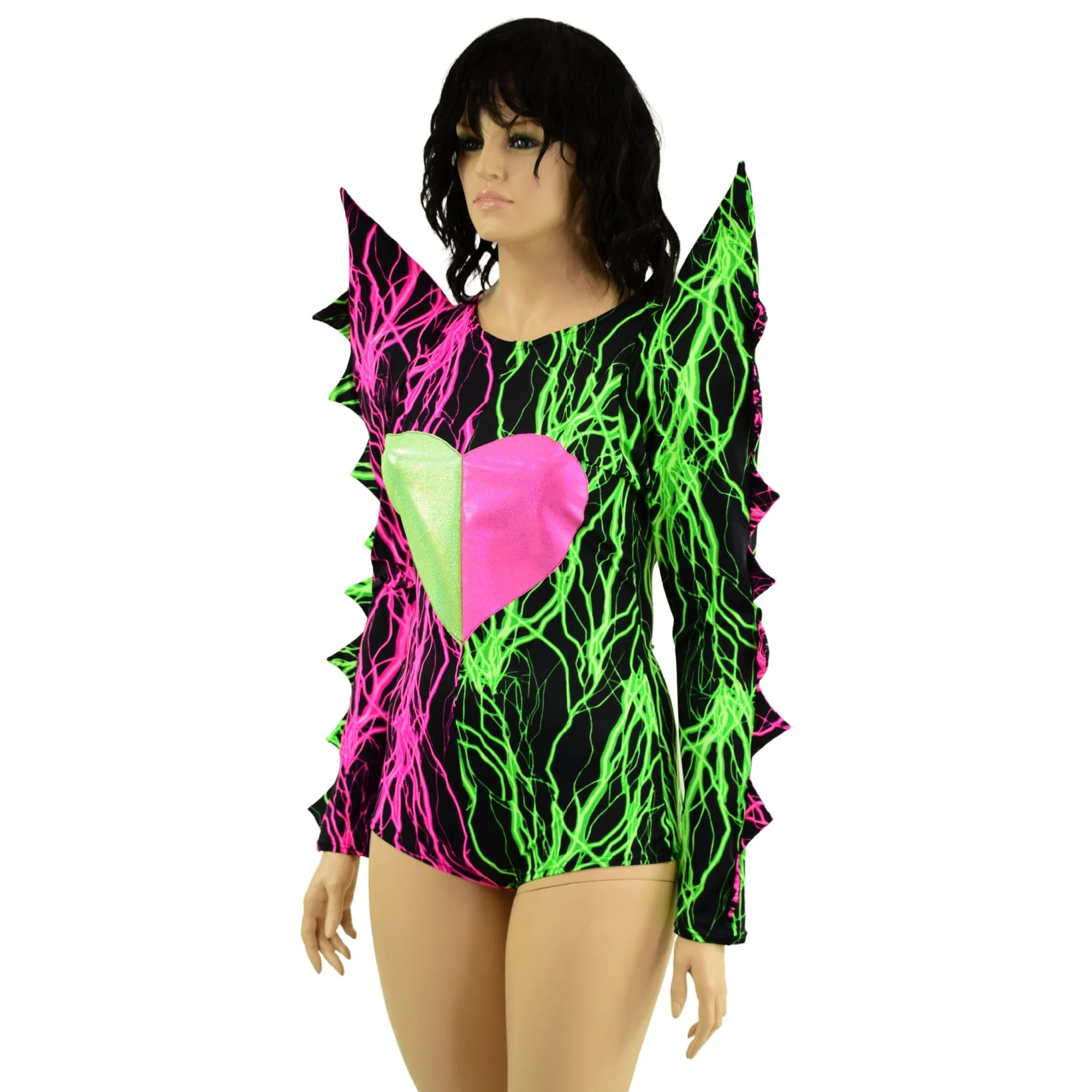 Neon UV Glow Color Split Broken Heart Romper with Spiked Mega Sharp Shoulders