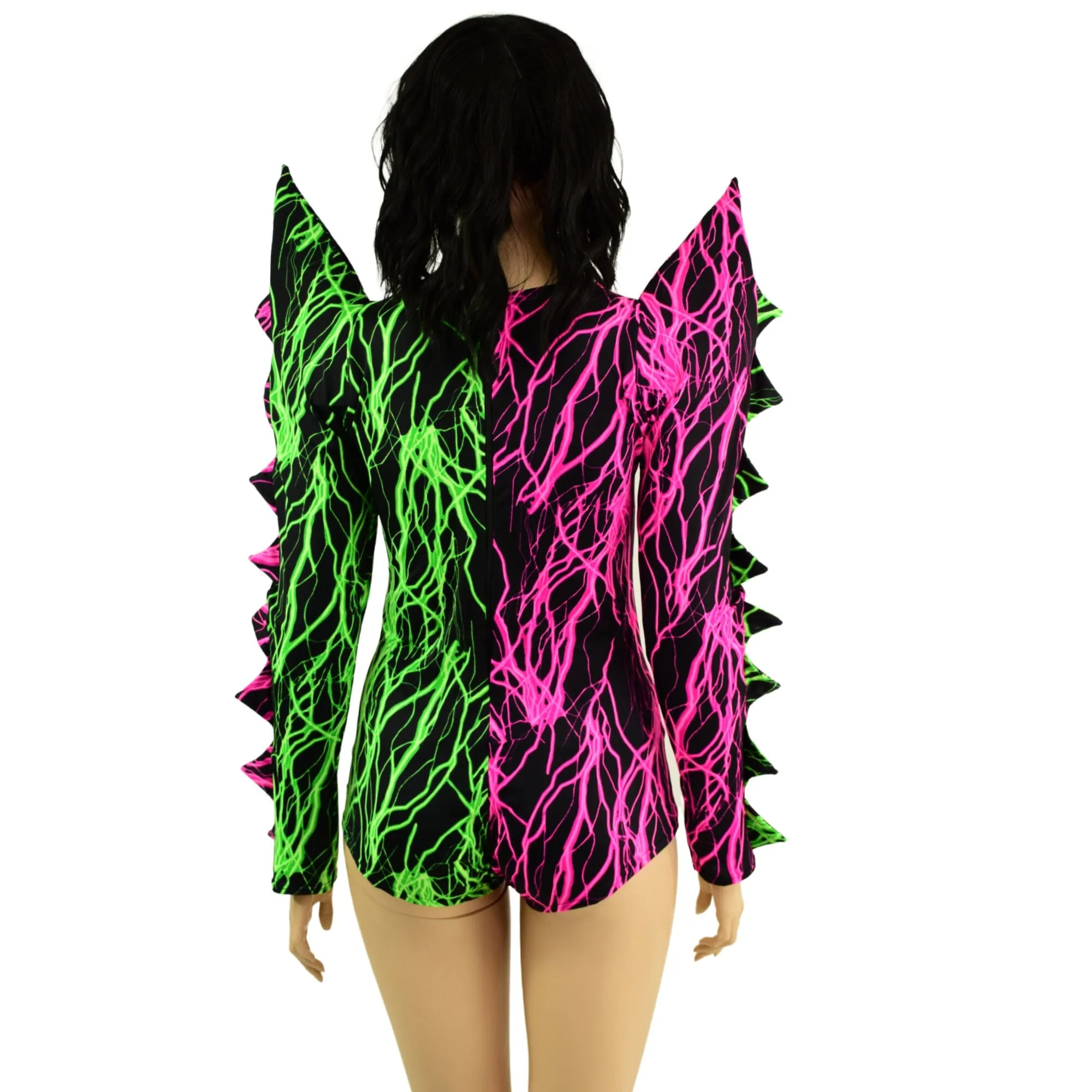 Neon UV Glow Color Split Broken Heart Romper with Spiked Mega Sharp Shoulders