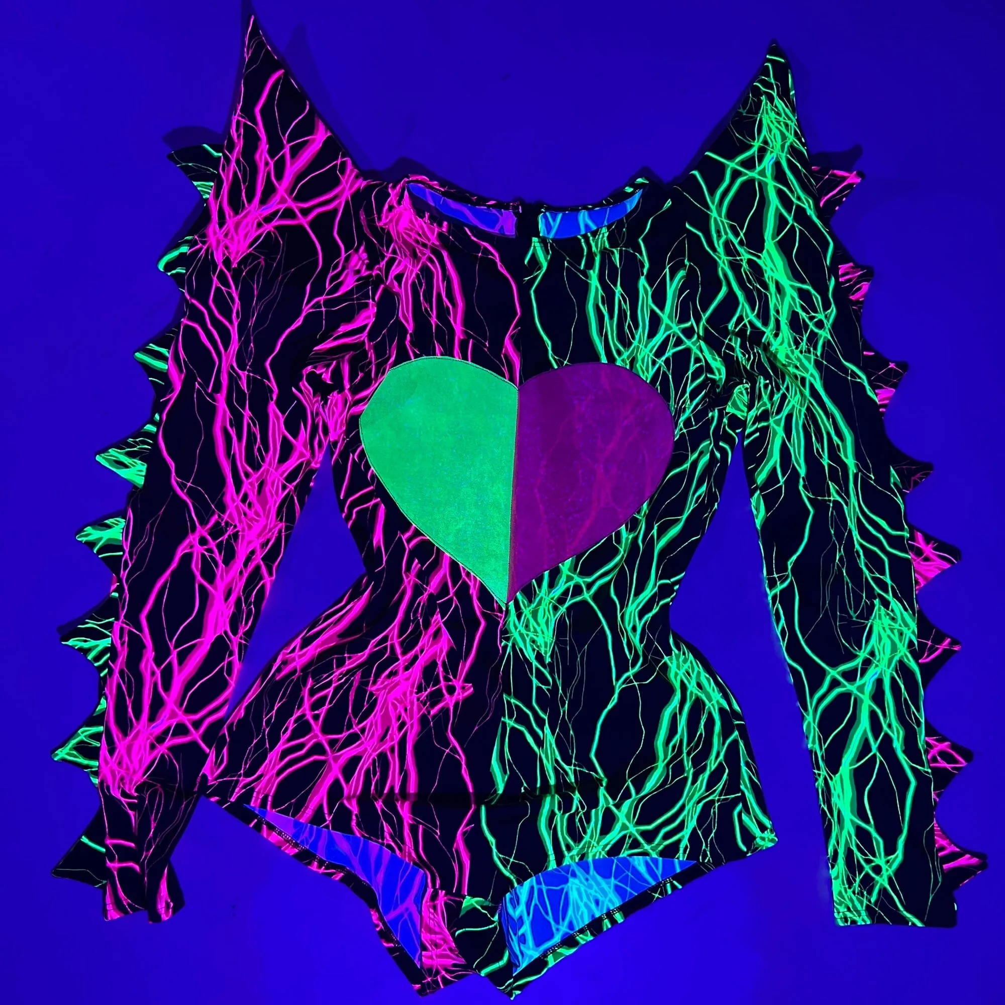 Neon UV Glow Color Split Broken Heart Romper with Spiked Mega Sharp Shoulders