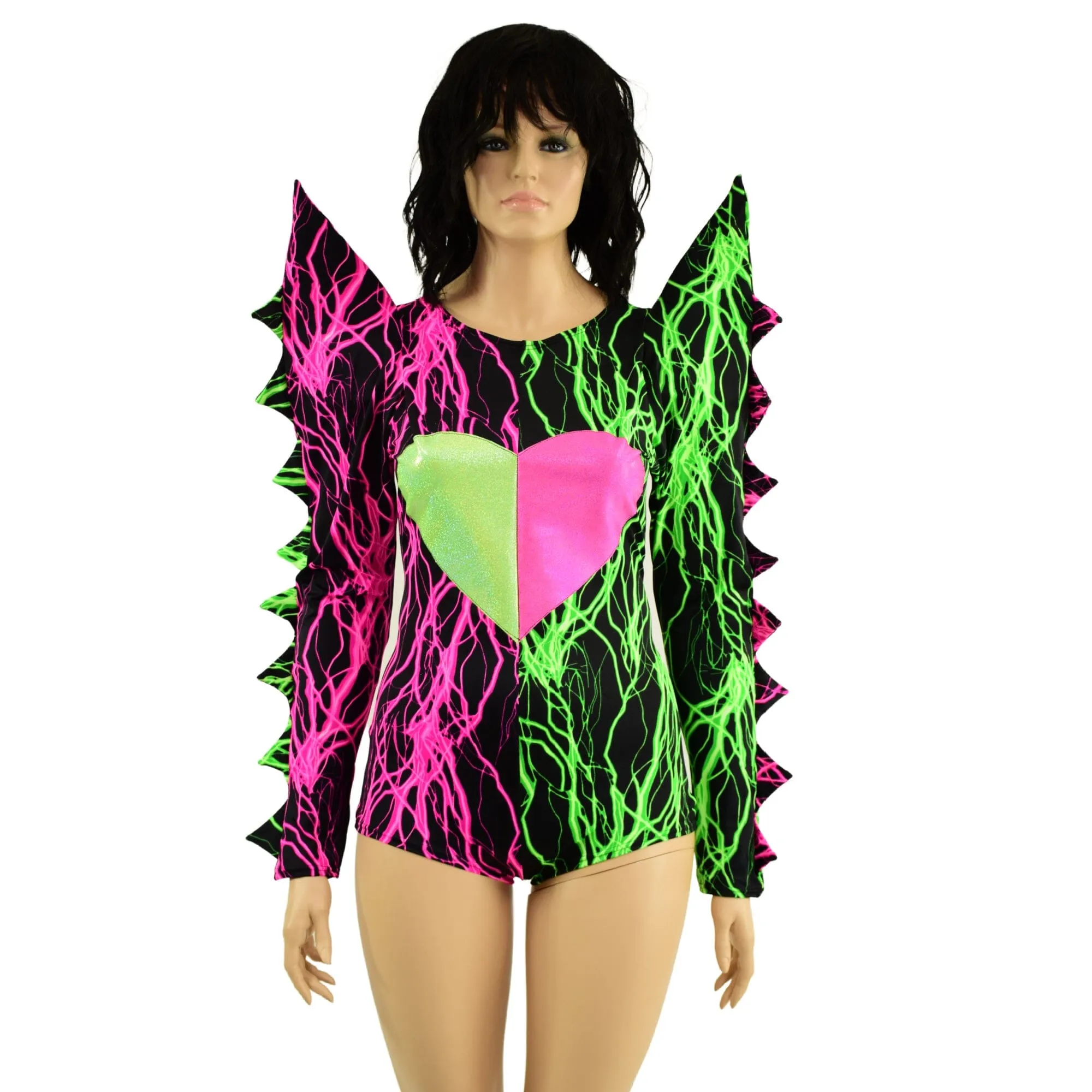 Neon UV Glow Color Split Broken Heart Romper with Spiked Mega Sharp Shoulders