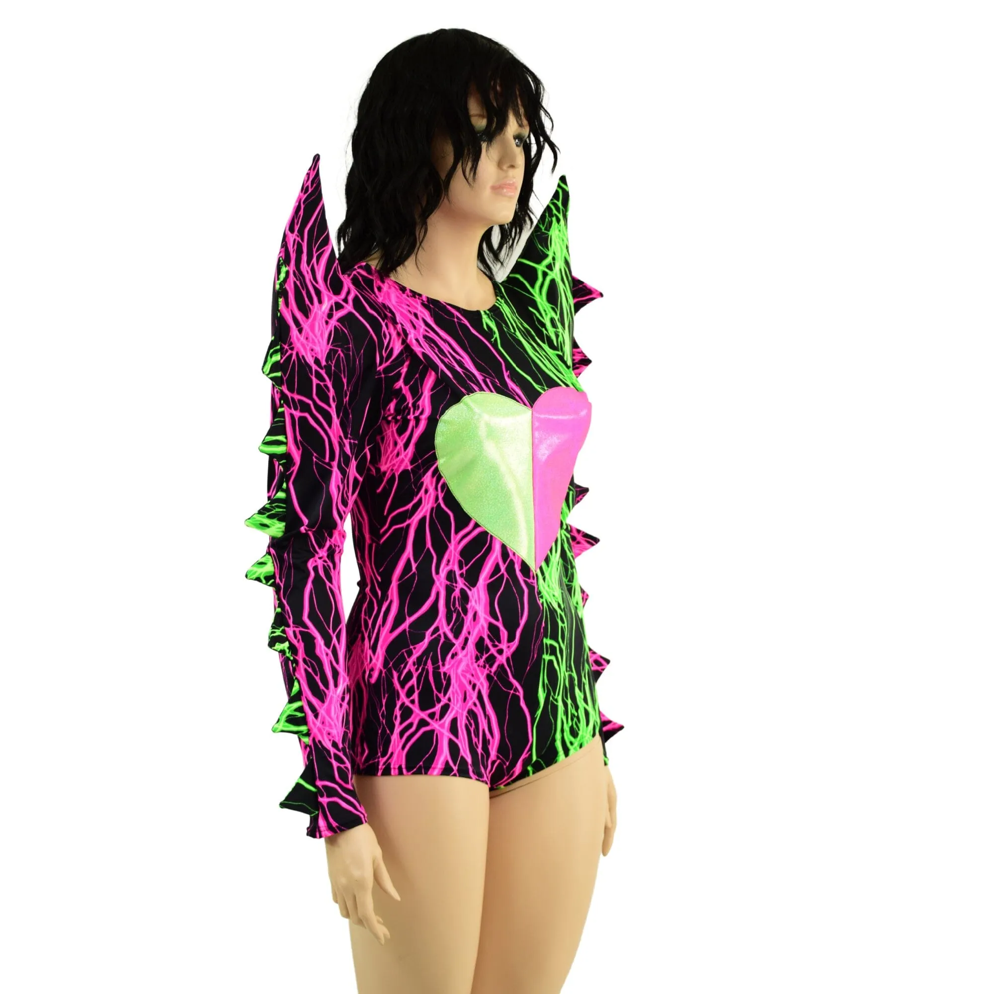 Neon UV Glow Color Split Broken Heart Romper with Spiked Mega Sharp Shoulders