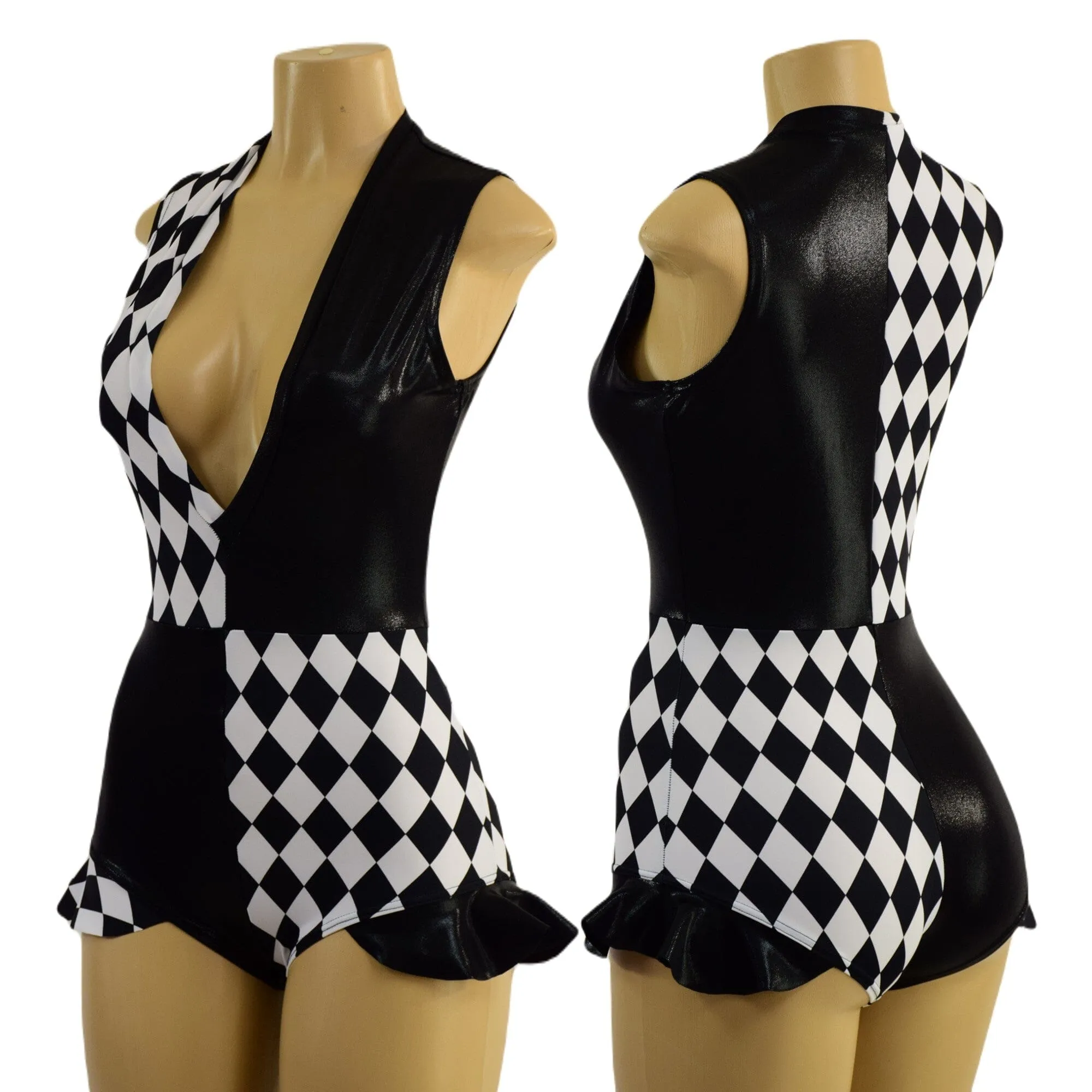 Quad Color Blocked Romper with Plunging V neckline, Siren Leg, and Hip Ruffles