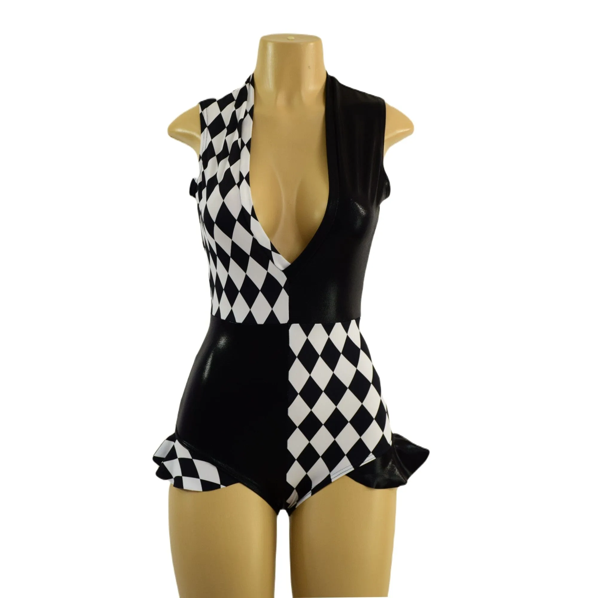 Quad Color Blocked Romper with Plunging V neckline, Siren Leg, and Hip Ruffles