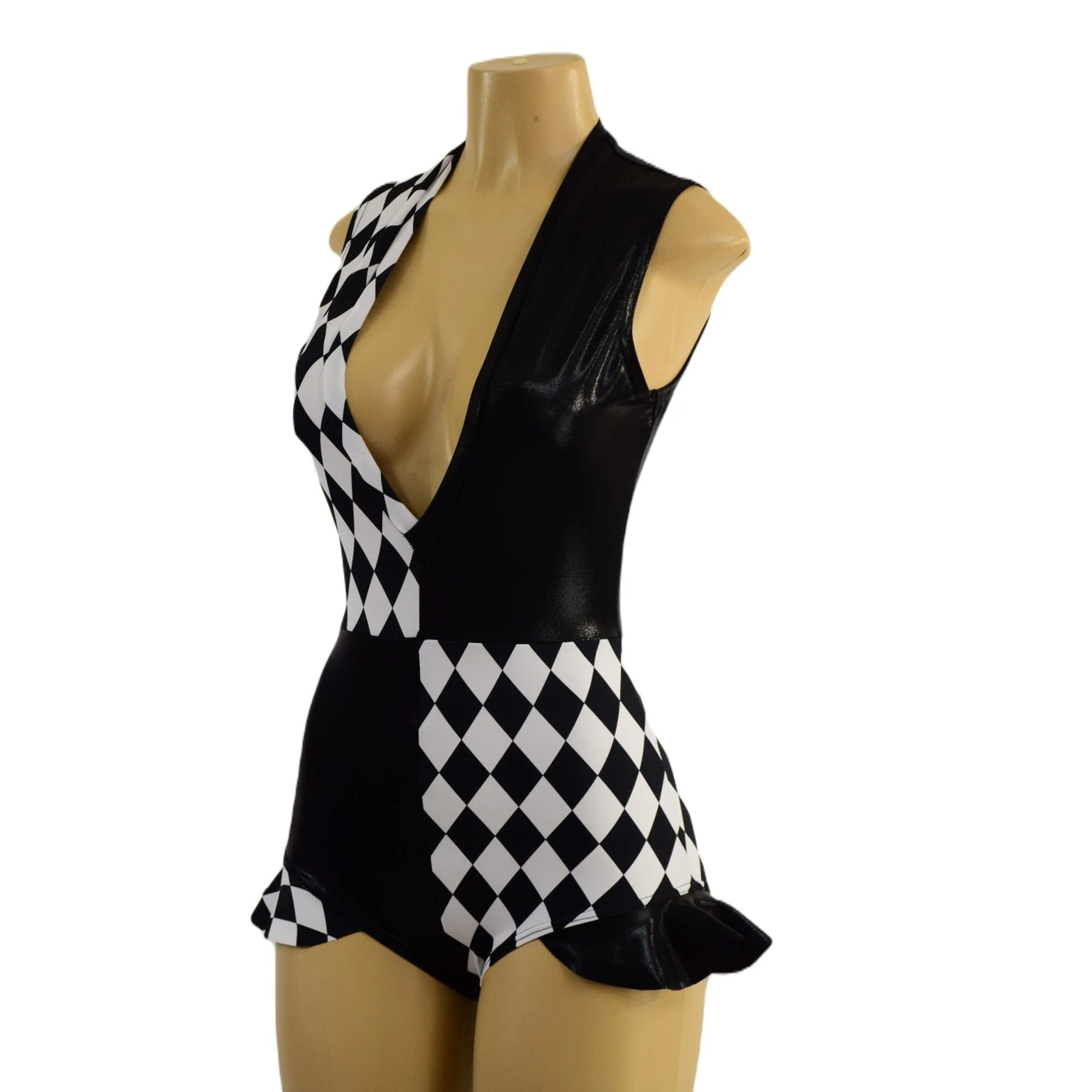 Quad Color Blocked Romper with Plunging V neckline, Siren Leg, and Hip Ruffles