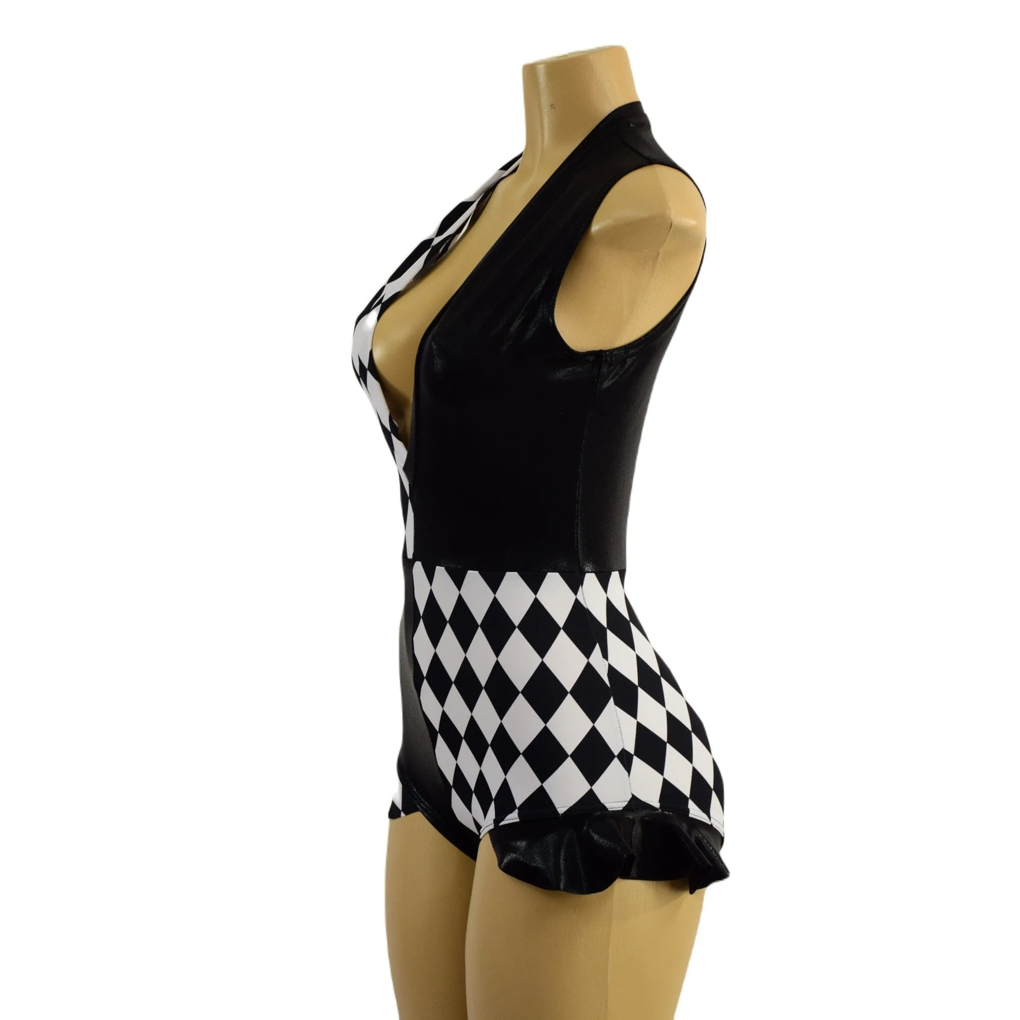 Quad Color Blocked Romper with Plunging V neckline, Siren Leg, and Hip Ruffles