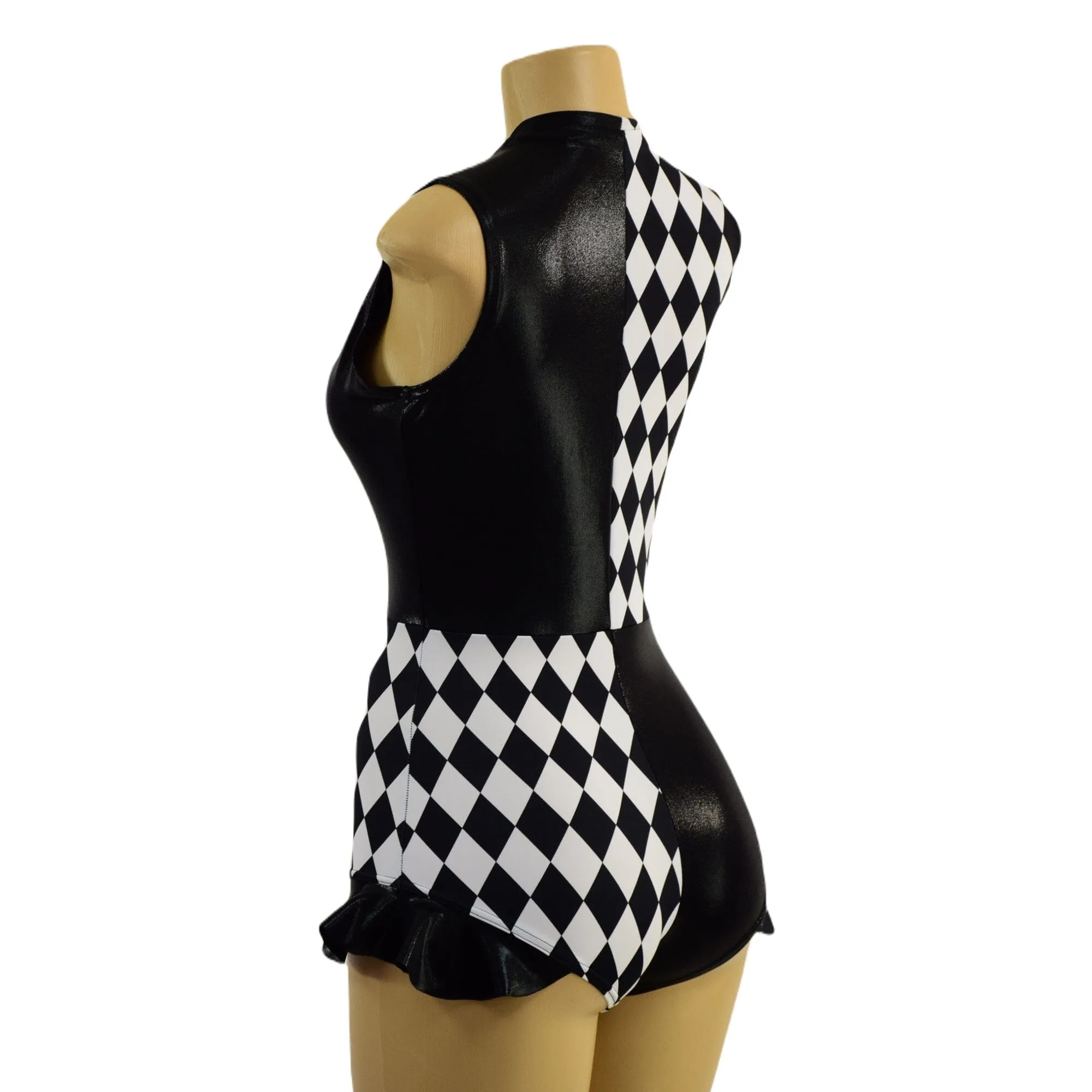 Quad Color Blocked Romper with Plunging V neckline, Siren Leg, and Hip Ruffles