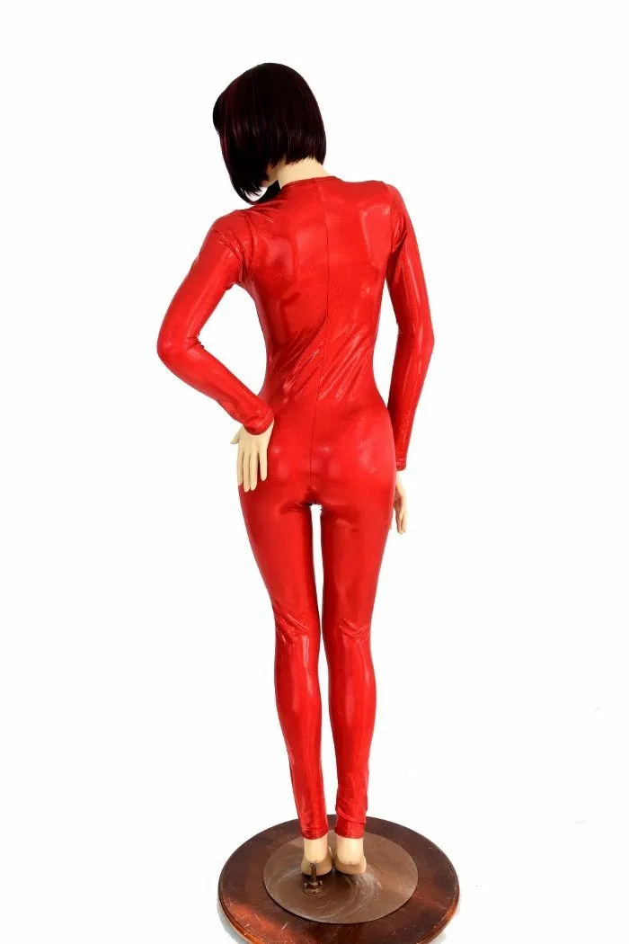 Red Sparkly Jewel Long Sleeve Catsuit