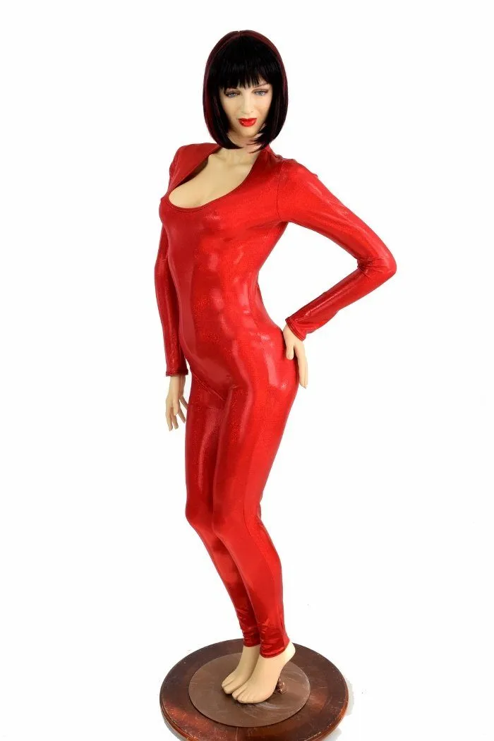 Red Sparkly Jewel Long Sleeve Catsuit