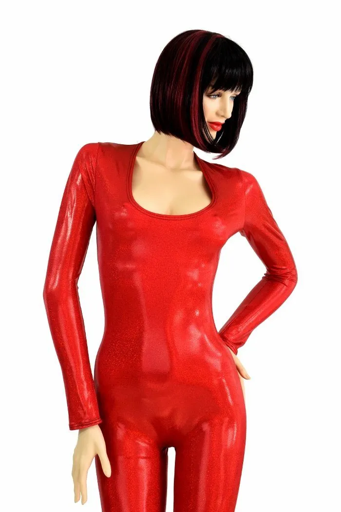 Red Sparkly Jewel Long Sleeve Catsuit
