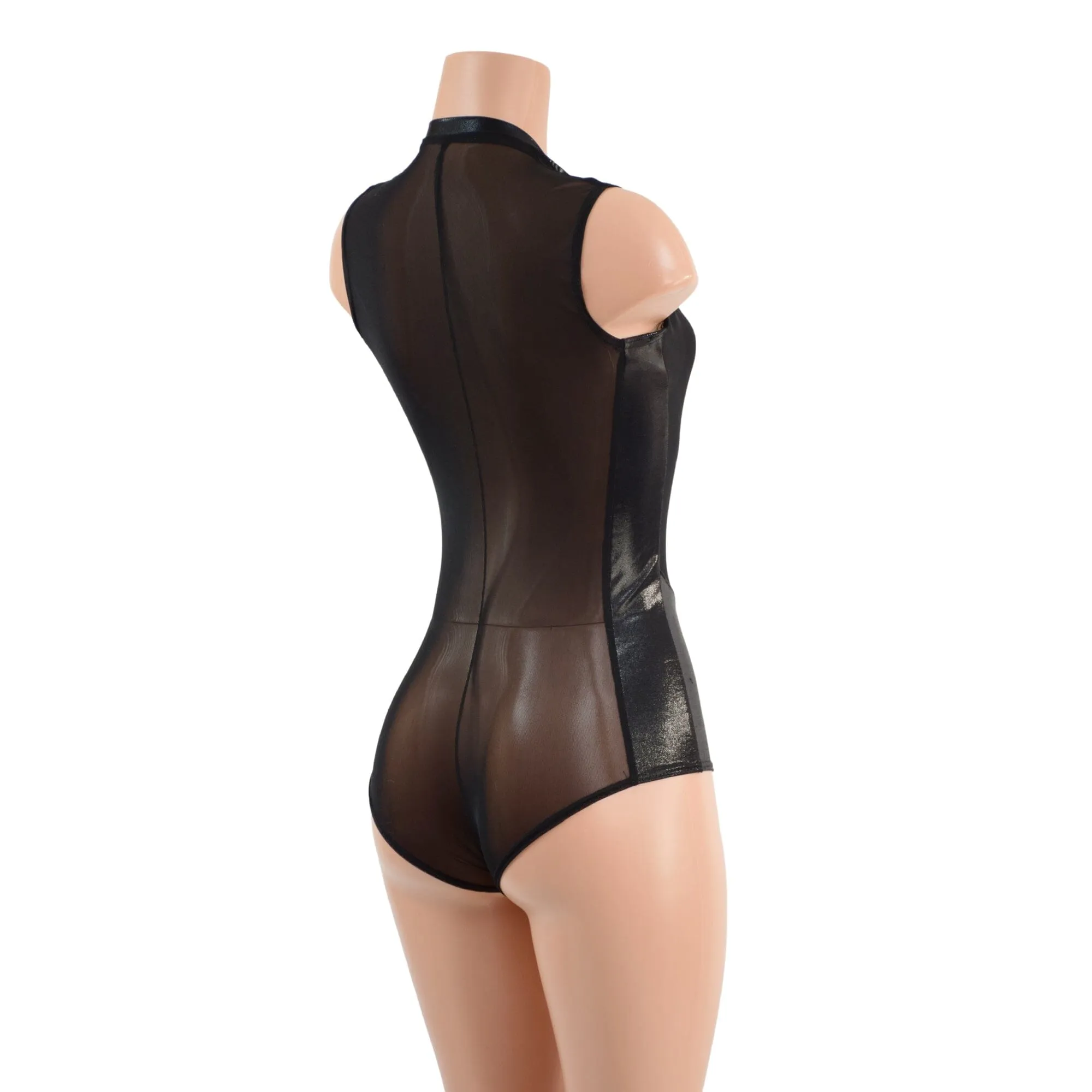 Sheer Black Mesh and Metallic Plunging V Romper