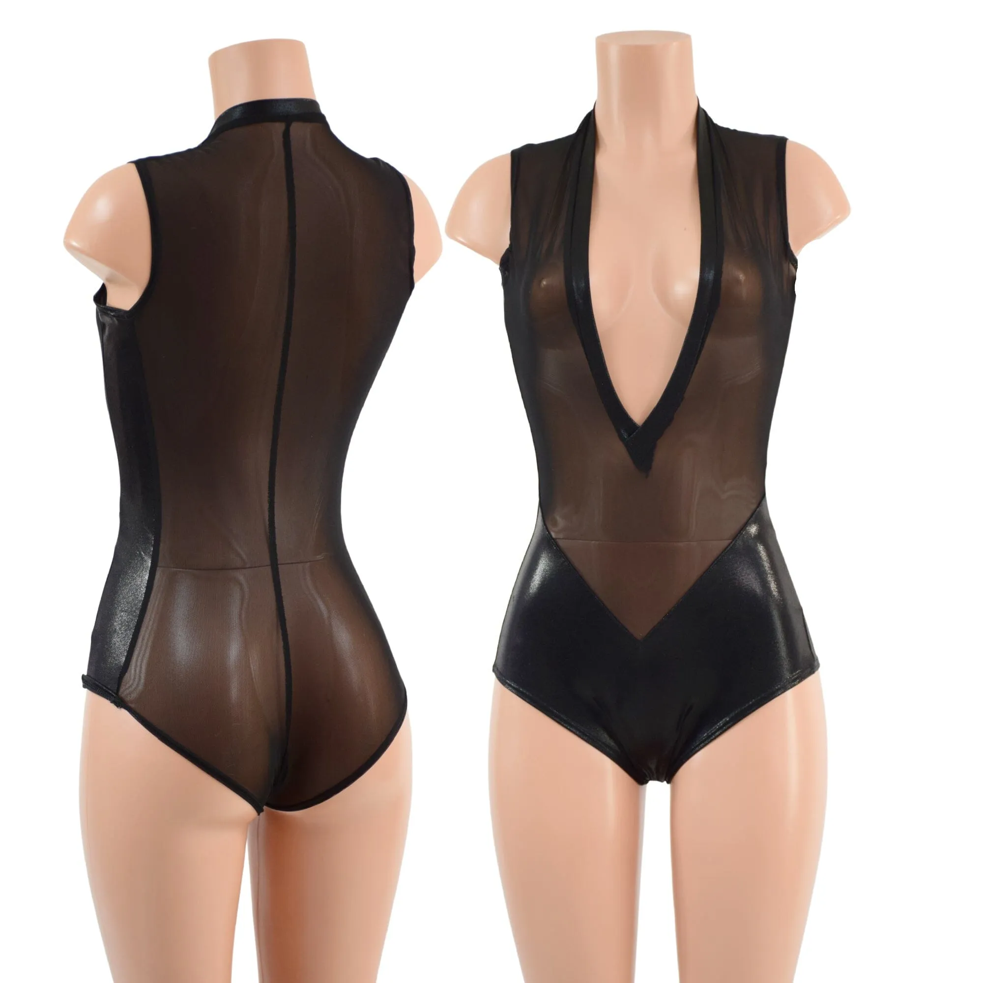 Sheer Black Mesh and Metallic Plunging V Romper