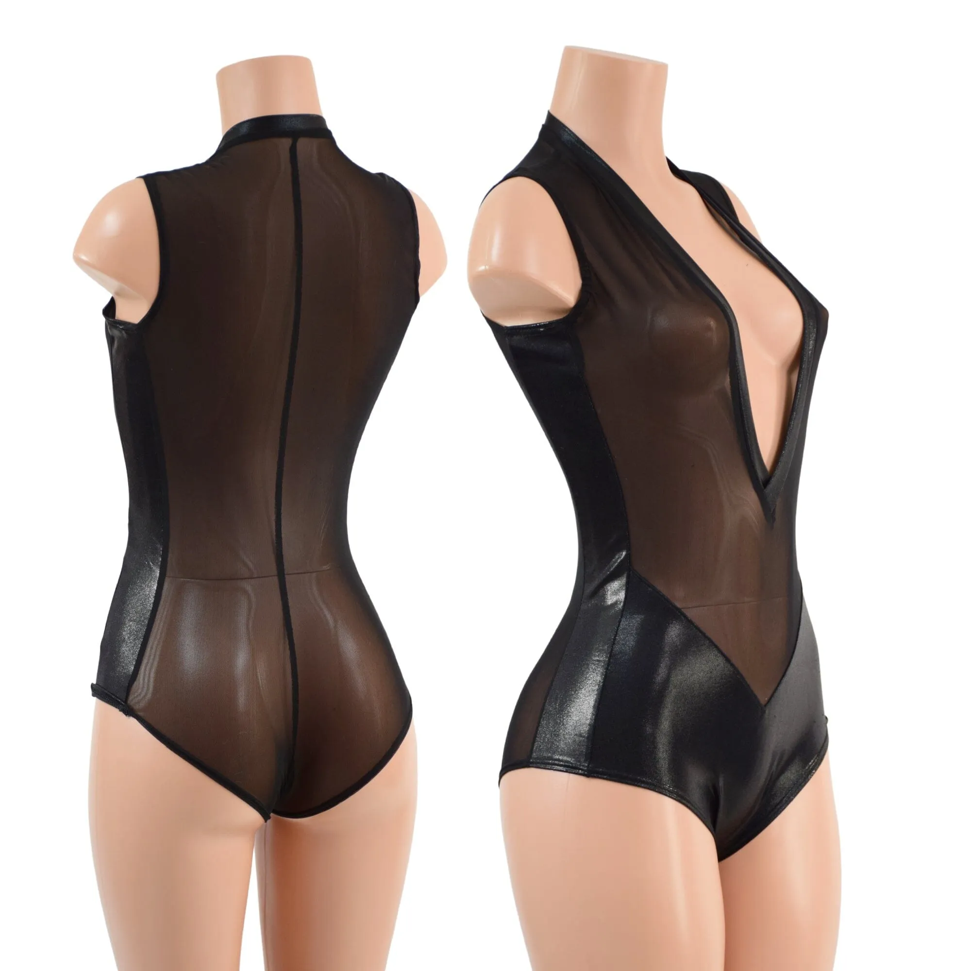 Sheer Black Mesh and Metallic Plunging V Romper