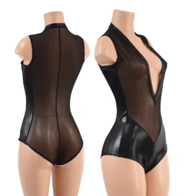 Sheer Black Mesh and Metallic Plunging V Romper