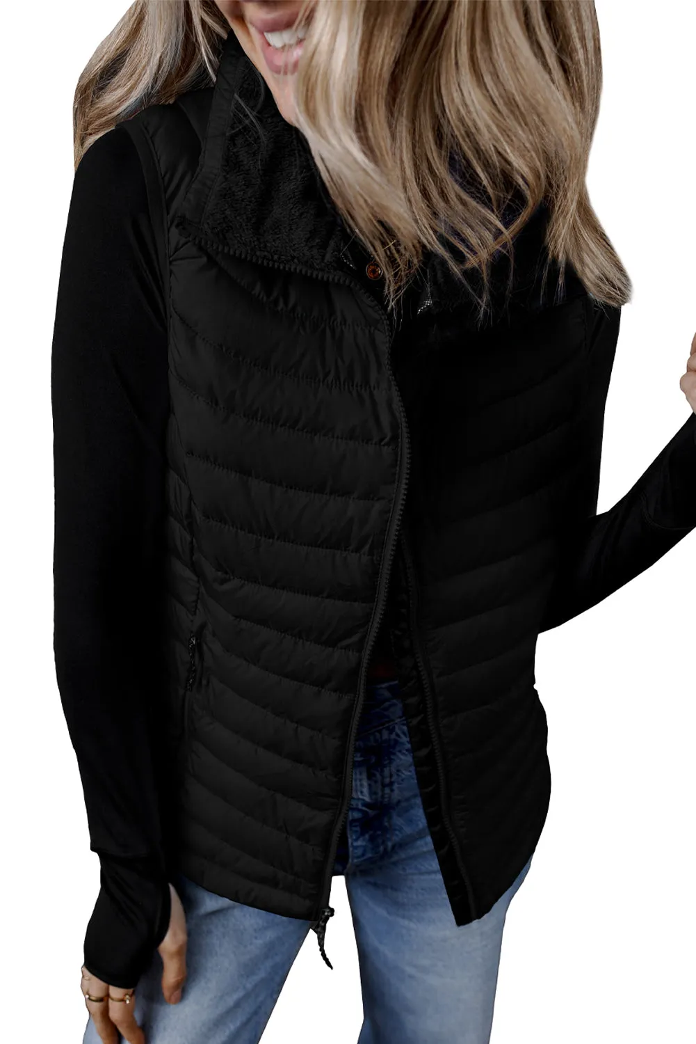 Sky Blue Plush Collared Quilted Zipped Puffer Vest