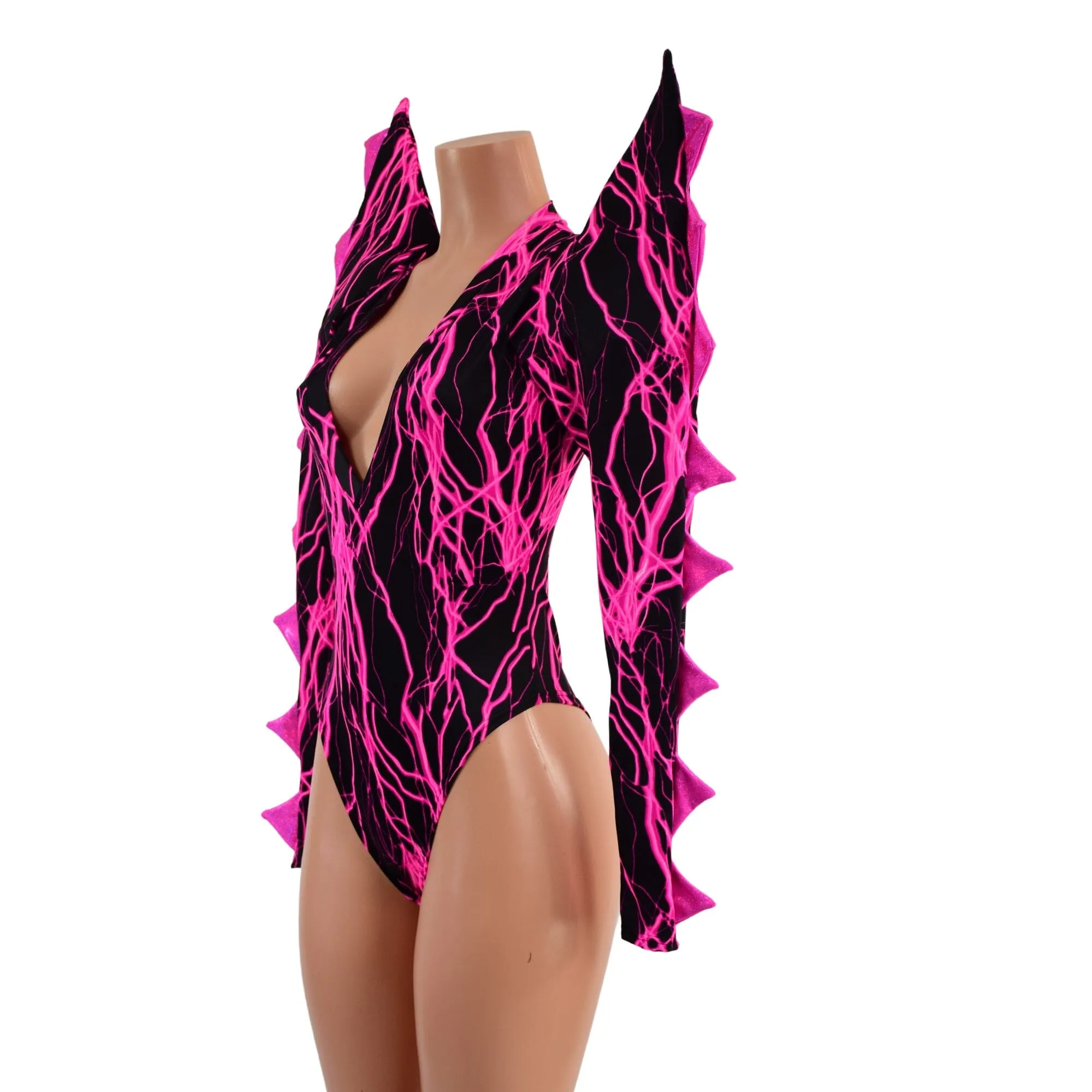 The Triple Threat Romper in Neon Pink Lightning with Brazilian Cut Leg