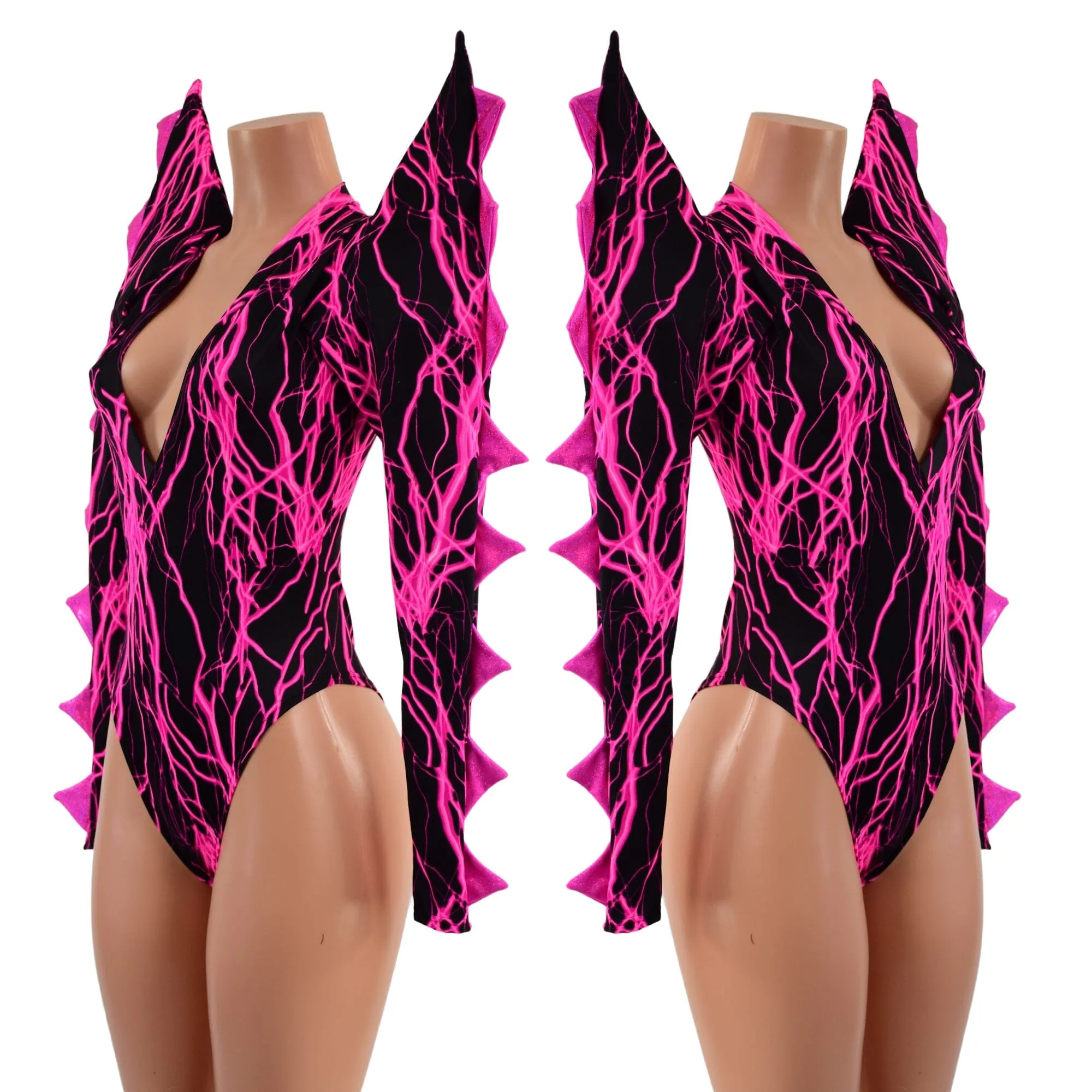The Triple Threat Romper in Neon Pink Lightning with Brazilian Cut Leg