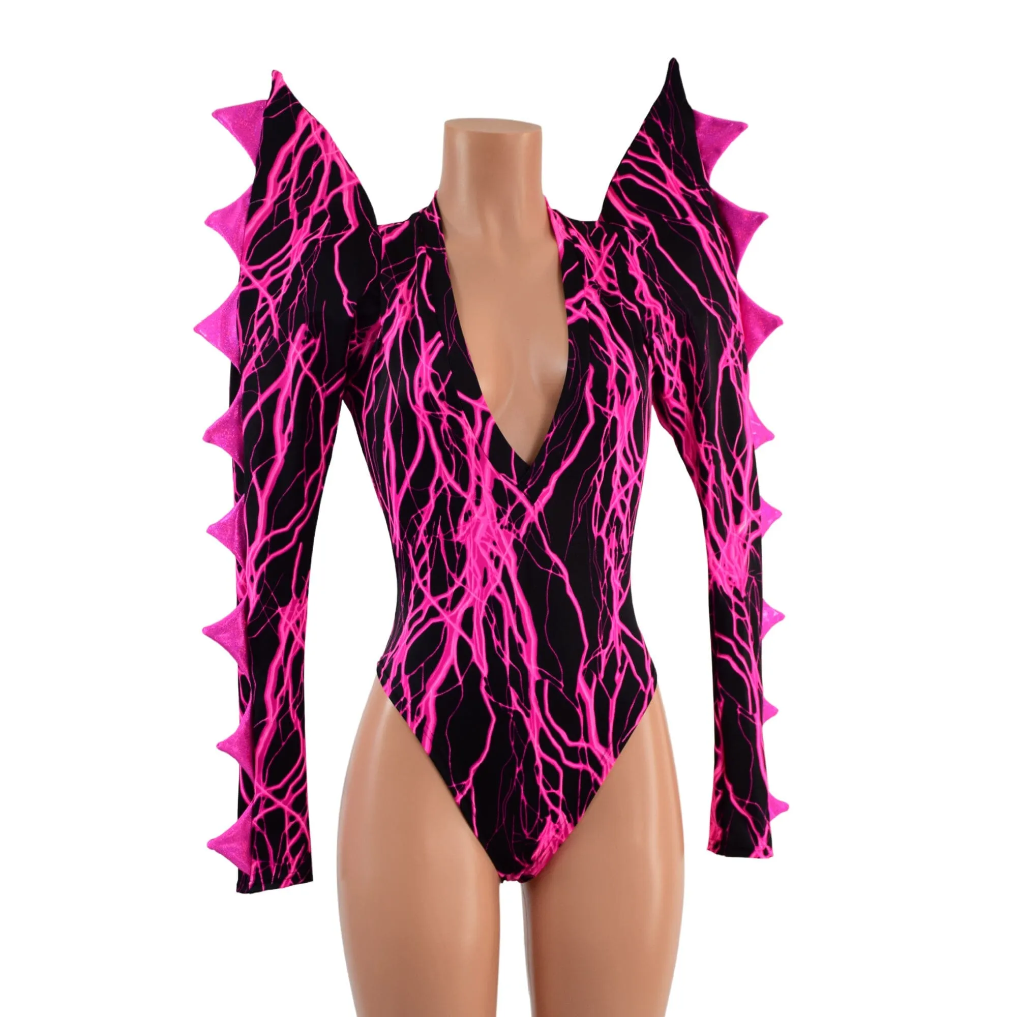 The Triple Threat Romper in Neon Pink Lightning with Brazilian Cut Leg