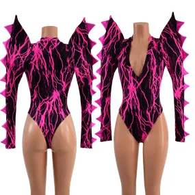 The Triple Threat Romper in Neon Pink Lightning with Brazilian Cut Leg