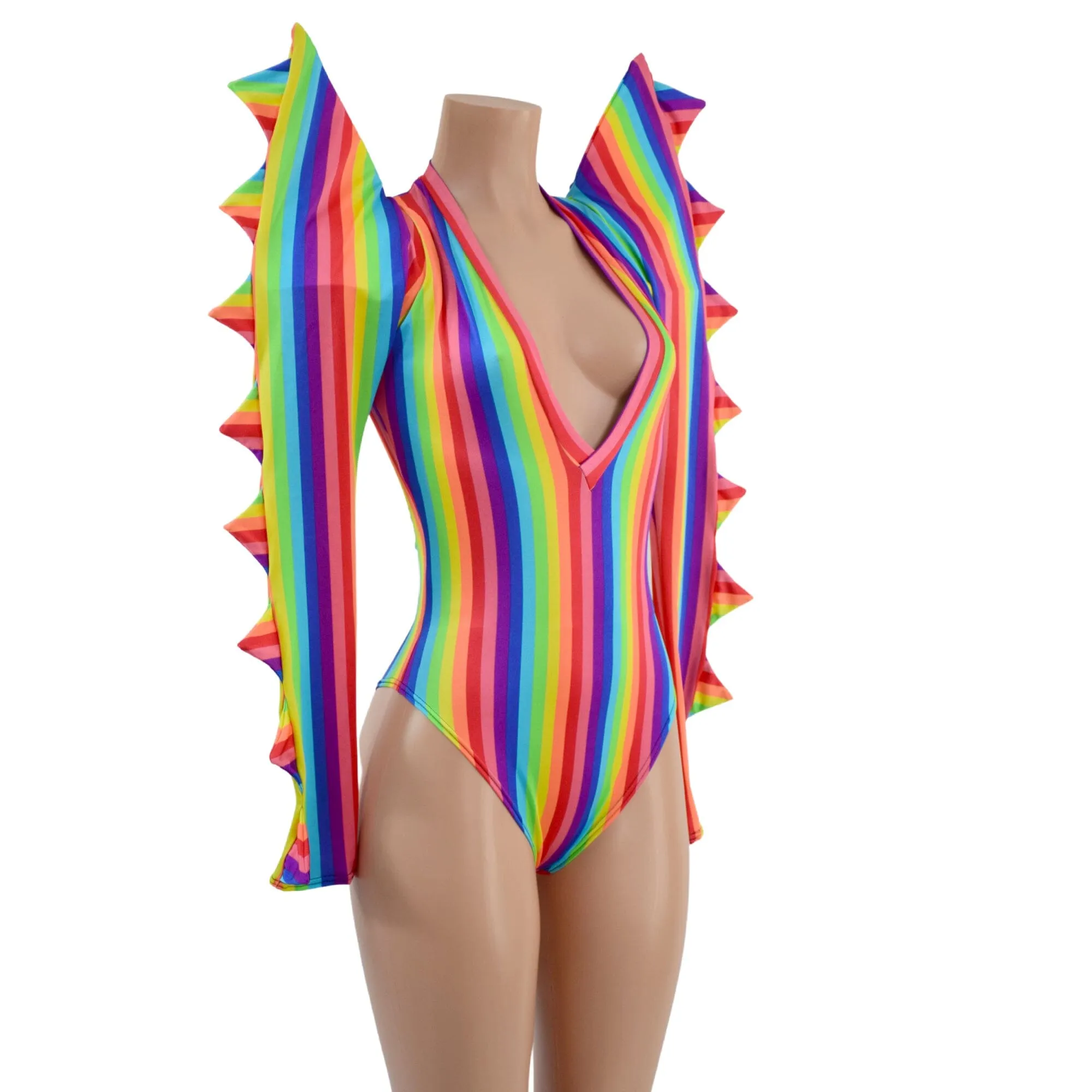 The Triple Threat Romper in Rainbow Stripe with Brazilian Cut Leg