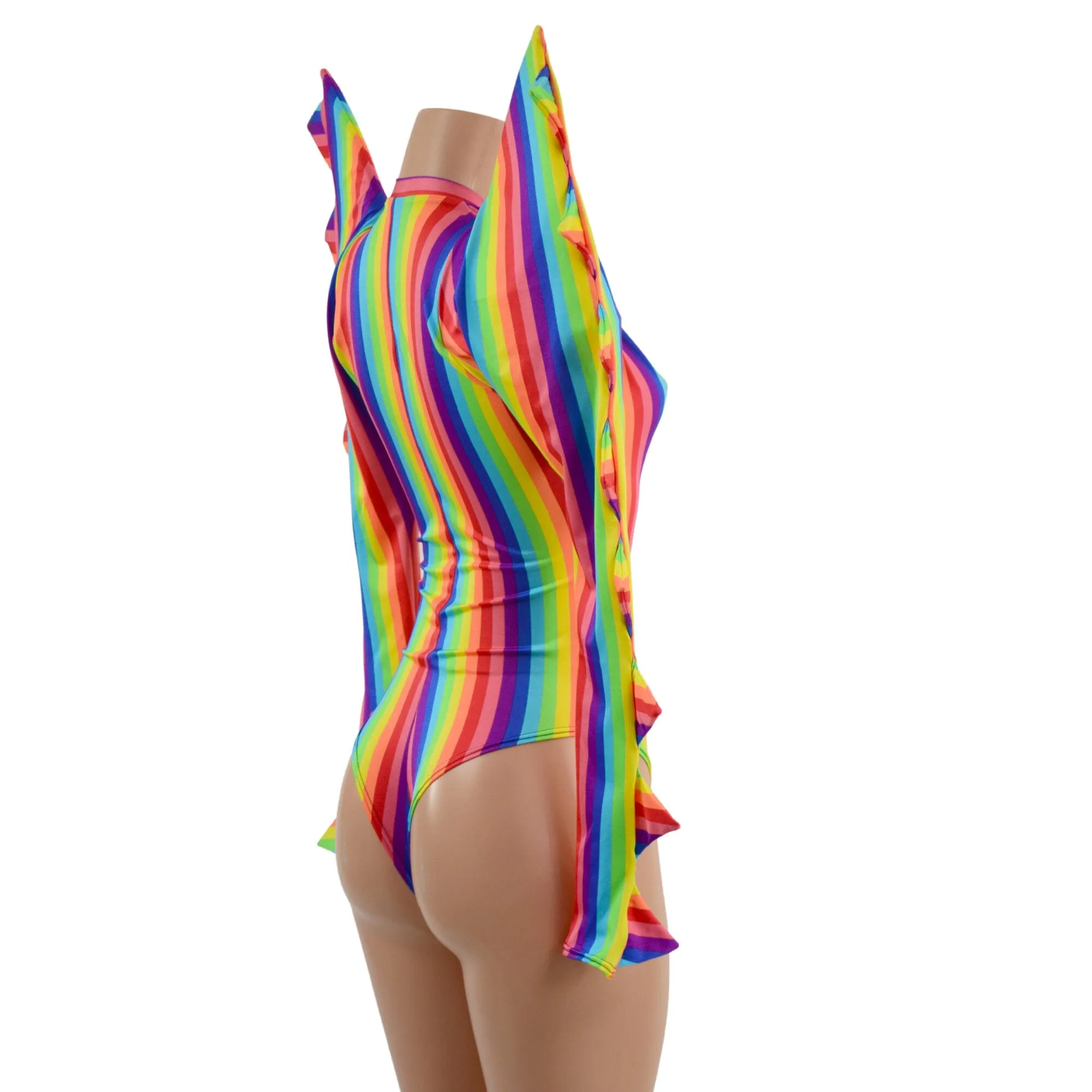 The Triple Threat Romper in Rainbow Stripe with Brazilian Cut Leg
